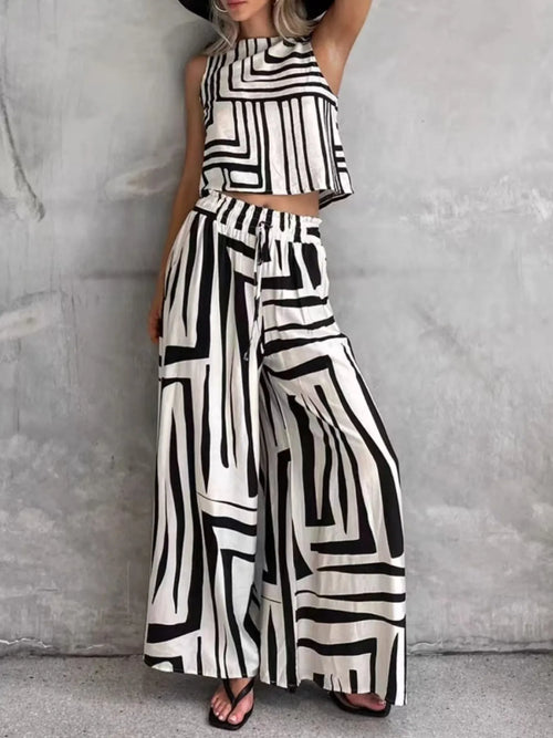 Geometric Print Sleeveless Top and Wide Leg Pants Set
