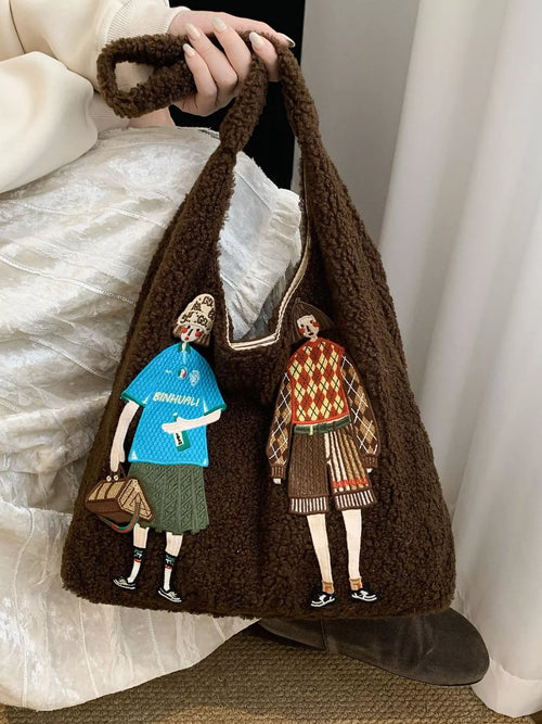 Embroidered Character Plush Handbag
