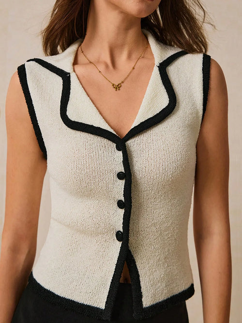 Contrast Trim Button Front Sweater Vest