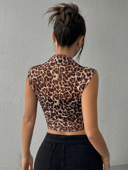 Leopard Sleeveless Mock Neck Crop Top