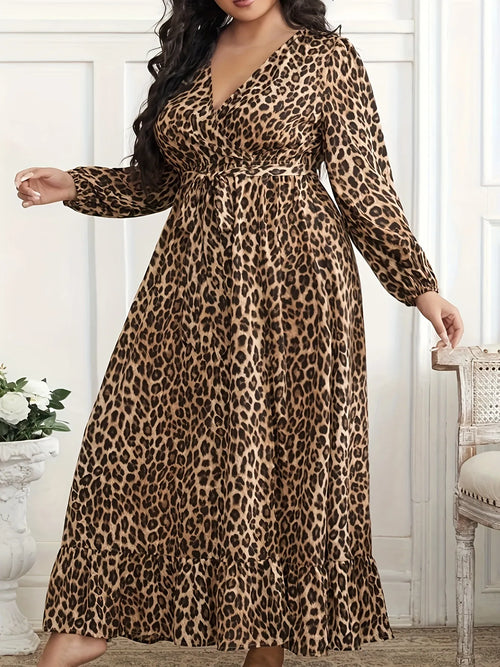 Plus Size Leopard Print Surplice Maxi Dress
