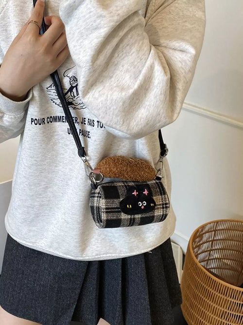Plaid Pattern Plush Trim Crossbody Bag