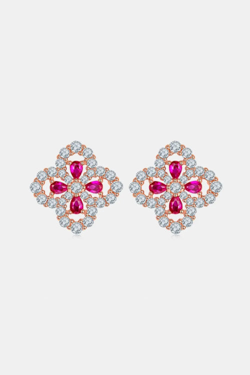 925 Sterling Silver Lab-Grown Ruby Flower Shape Stud Earrings