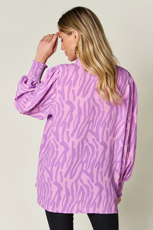 Double Take Full Size Printed Smocked Long Sleeve Blouse Plus Size