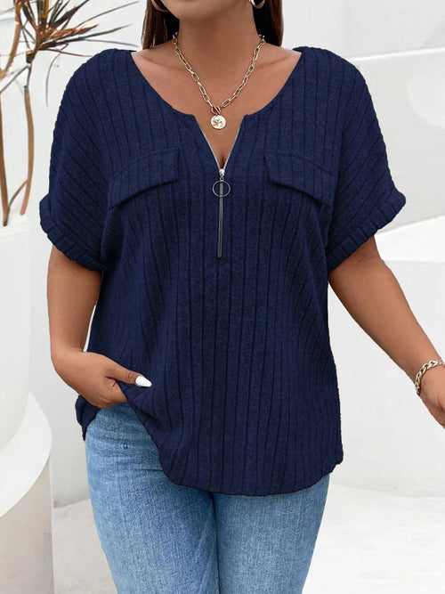 Plus Size Ribbed Half Zip Relaxed Fit T-Shirt
