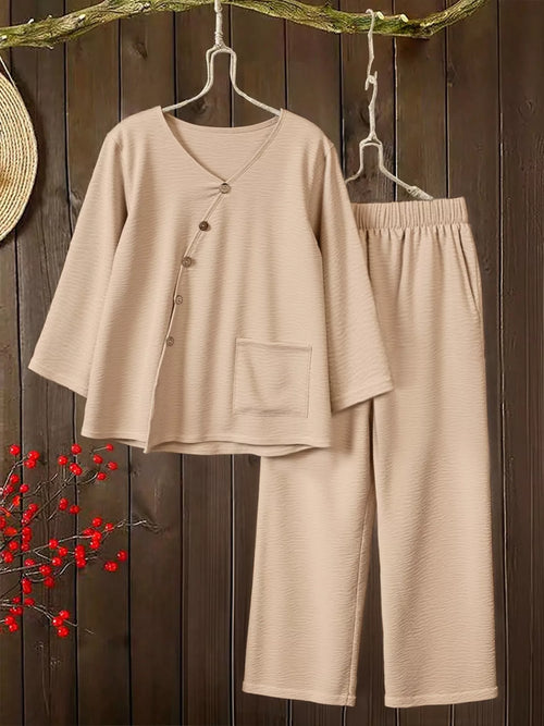 Plus Size V-Neck Long Sleeve Top and Pants Set