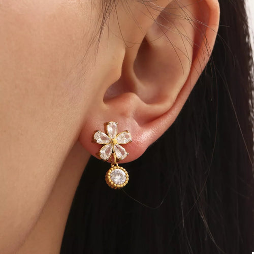 18K Gold-Plated Stainless Steel Zircon Flower Drop Earrings