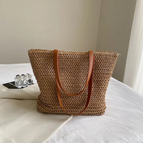 Woven Straw Tote Bag with Leather Handles