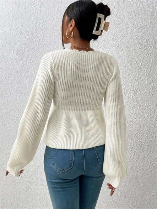 Scalloped V-Neck Drawstring Knit Top