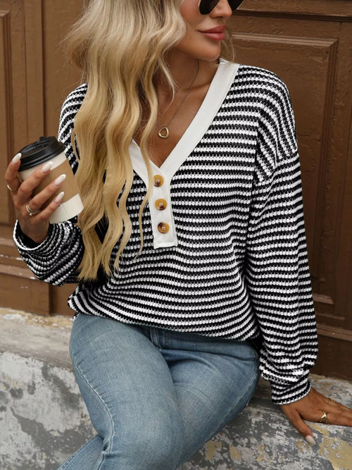 Striped Button Detail Long Sleeve T-Shirt