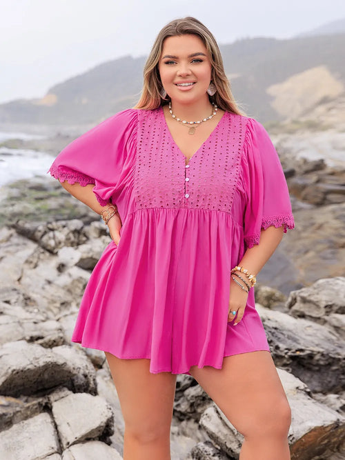 Plus Size Lace Detail V-Neck Half Sleeve Romper