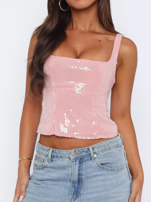 Sequined Cropped Cami Top with Back Zipper