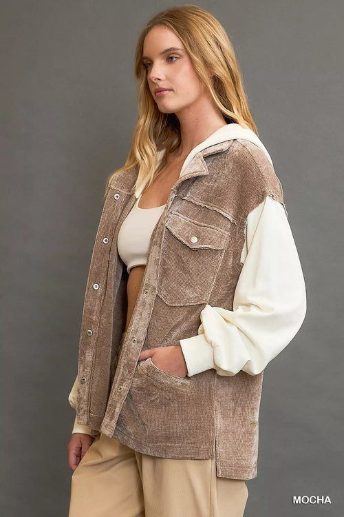 Umgee Contrast Hooded Chenille Jacket