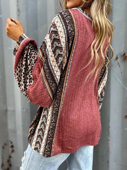 Leopard Color Block Ribbed Top