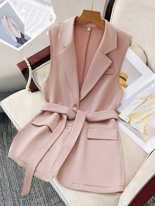 Tie Waist Lapel Collar Sleeveless Blazer