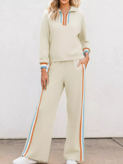 Casual Striped Quarter Zip Top and Pants Set