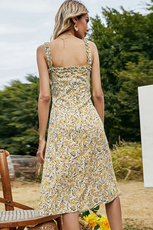 Shiny Floral Frill Trim Sleeveless Dress