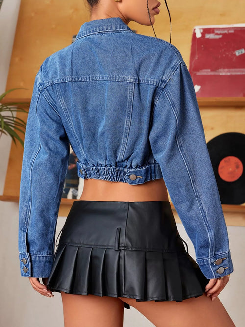 Button Up Cropped Casual Denim Jacket