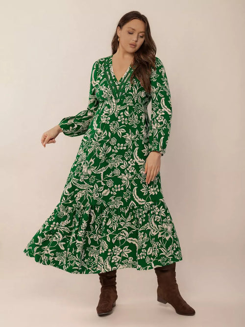 Plus Size Botanical Print Long Sleeve Midi Dress