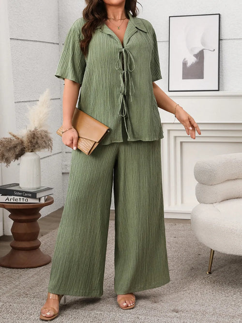 Plus Size Tie Front Short Sleeve Top and Pants Set