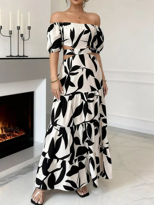 Off-Shoulder Cutout Leaf Print Maxi Dress