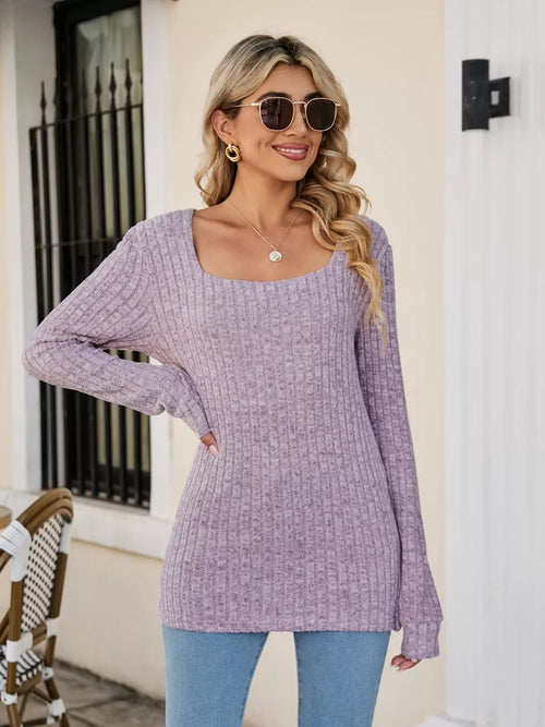Ribbed Square Neck Long Sleeve T-Shirt