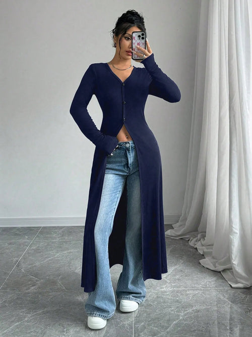 V-Neck Button-Front Longline Cardigan