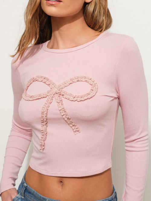 Bow Long Sleeve Fitted T-Shirt