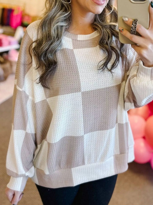 Checkered Breathable Textured Long Sleeve Top