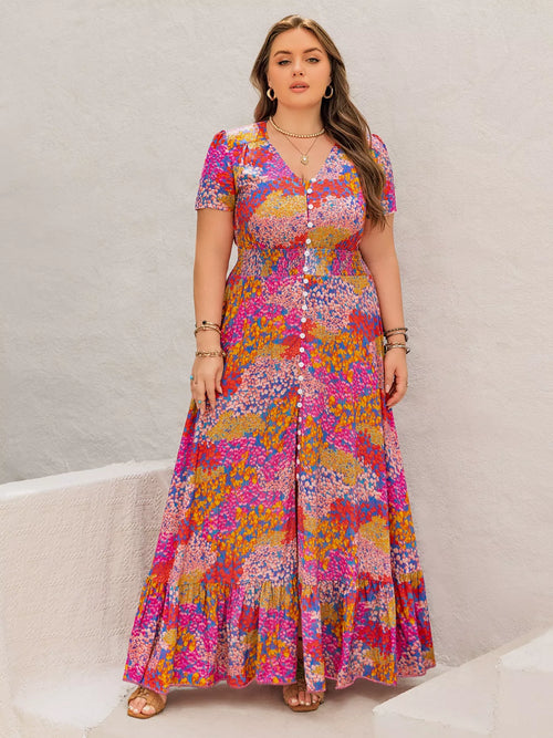Plus Size Printed V-Neck Short Sleeve Maxi Dress