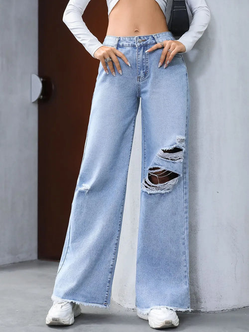 Distressed Raw Hem Wide Leg Jeans