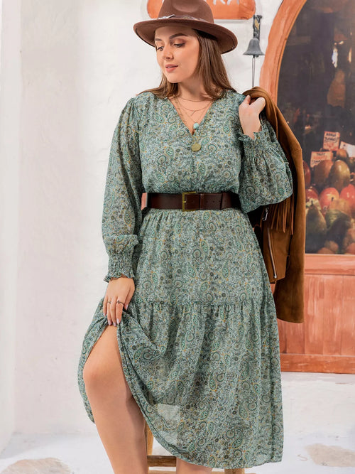 Plus Size Printed V-Neck Long Sleeve Midi Dress