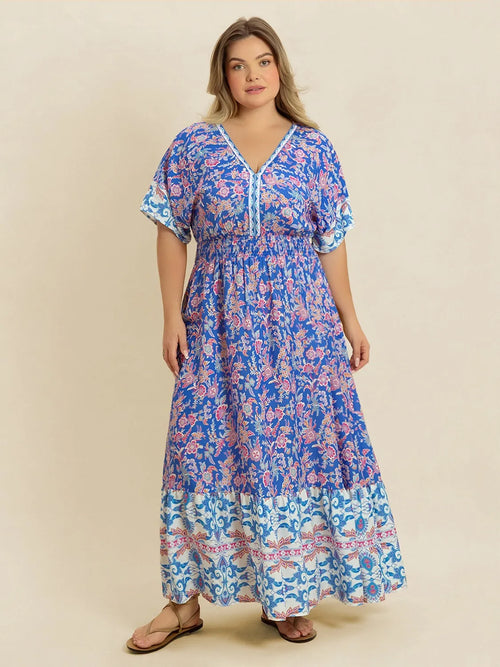 Plus Size Smocked Printed Half Sleeve Midi Dress