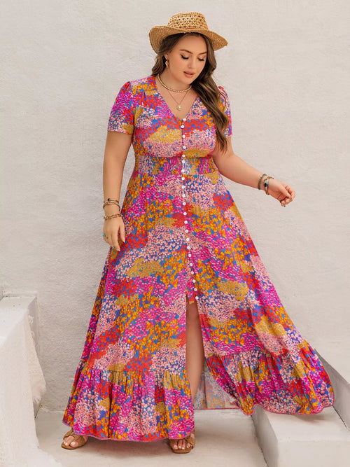 Plus Size Printed V-Neck Short Sleeve Maxi Dress