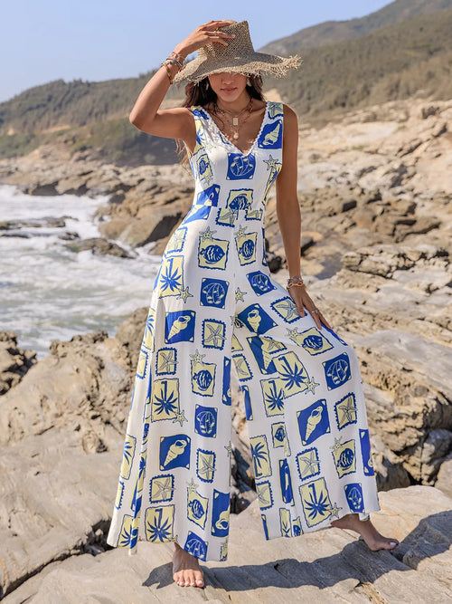 Printed V-Neck Wide Leg Jumpsuit