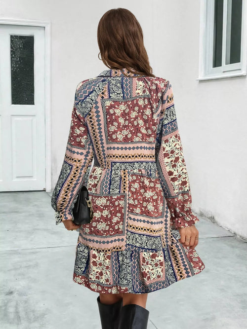 Boho Floral Print Long Sleeve Mini Dress