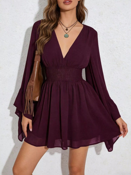 V-Neck Flowy Long Sleeve Mini Dress