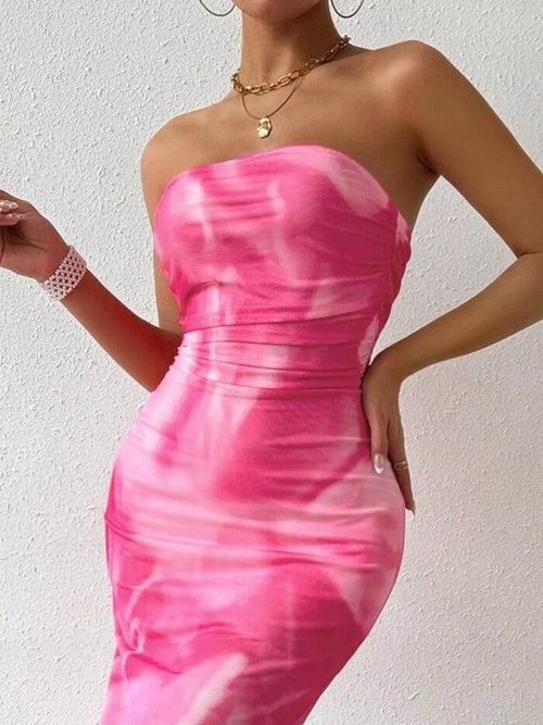 Tie-Dye Ruched Bodycon Tube Slit Dress