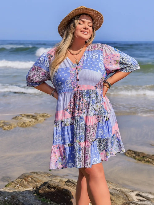 Plus Size Printed V-Neck Tiered Mini Dress