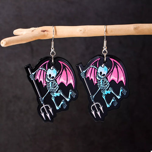 Halloween Spooky Skeleton Devil Wing Dangle Earrings