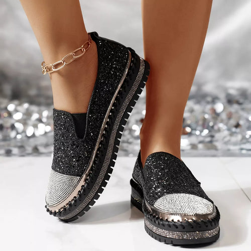 Rhinestone Sequin Round Toe Platform Loafers