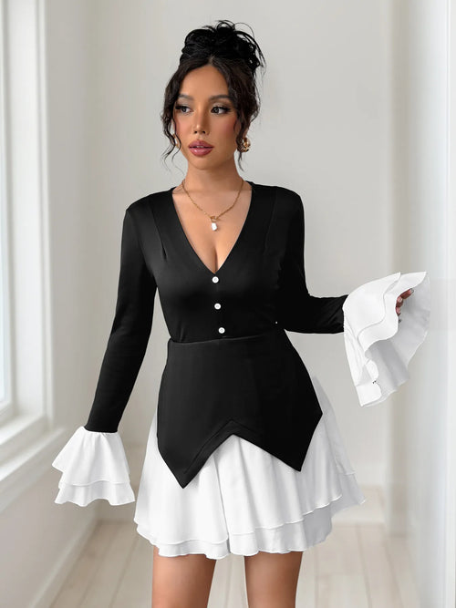 Two Tone V-Neck Long Sleeve Mini Dress