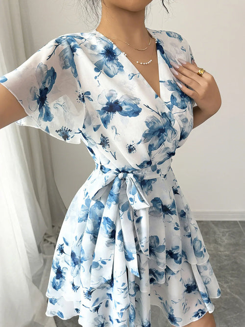 Printed Surplice Layered Mini Dress