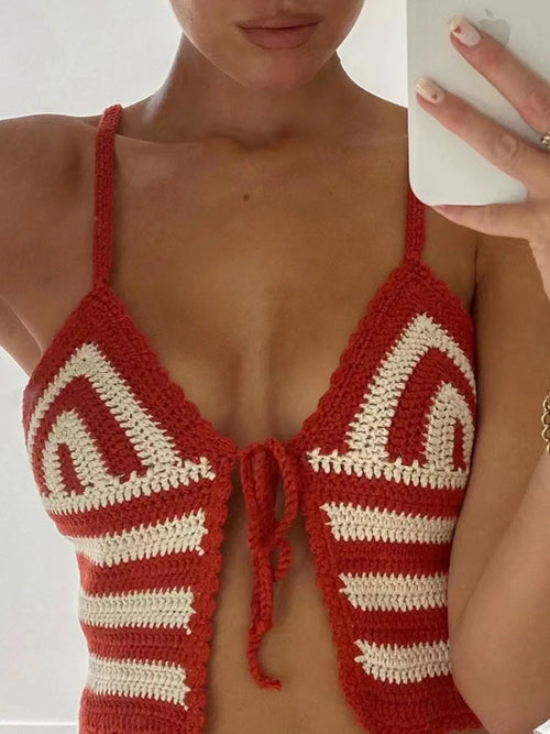 Crochet Tie Front Striped Knit Cami