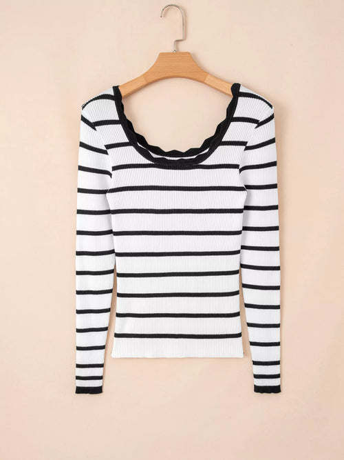 Scalloped Trim U Neck Striped Ribbed Slim Knit Top