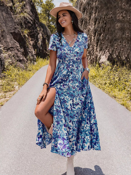 Floral Print V-Neck Slit Midi Dress