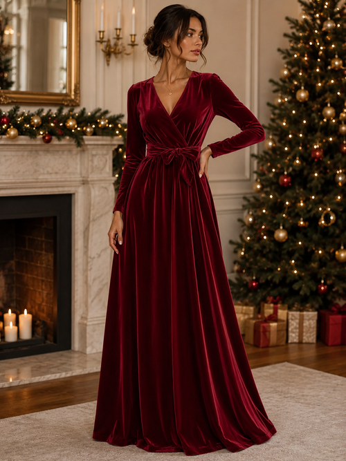 Velvet Wrap Surplice Maxi Dress