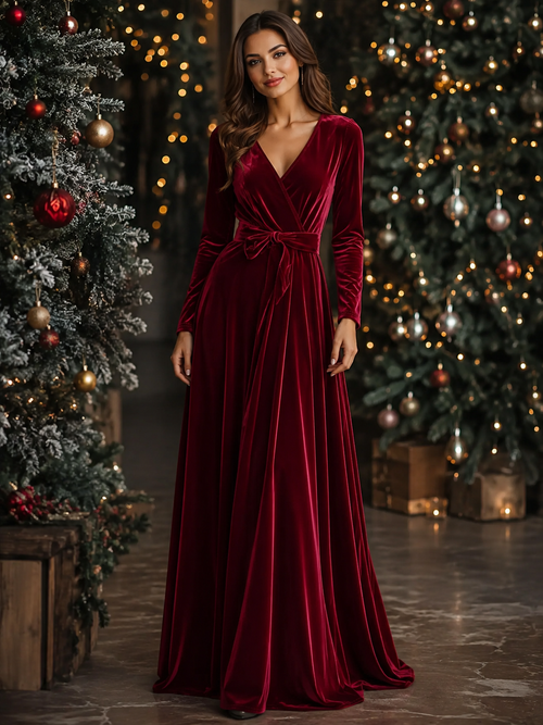 Velvet Wrap Surplice Maxi Dress