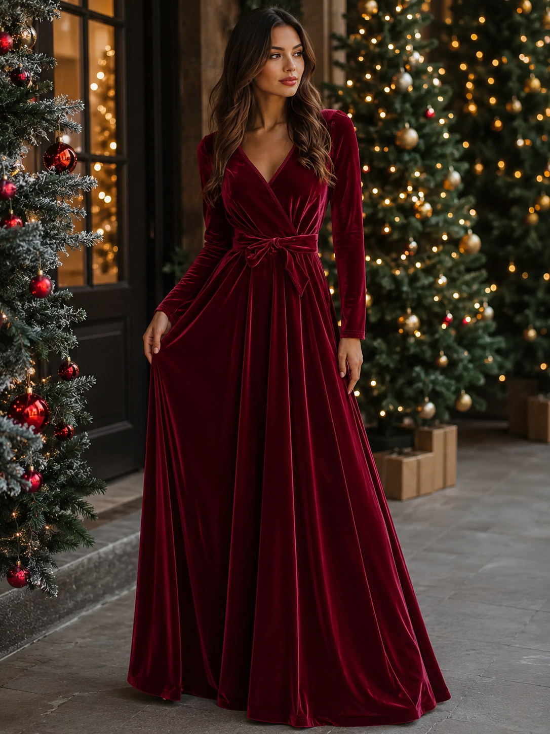 Velvet Wrap Surplice Maxi Dress Trendsi