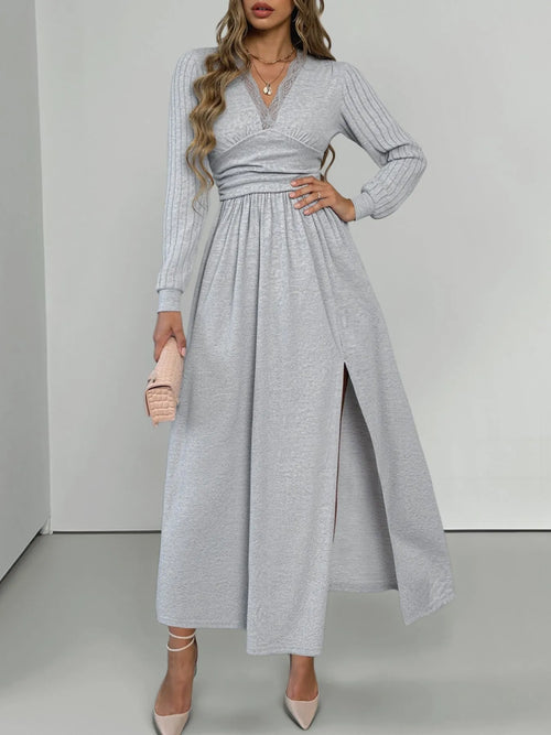 Lace Detail V-Neck Maxi Dress with Side Slit